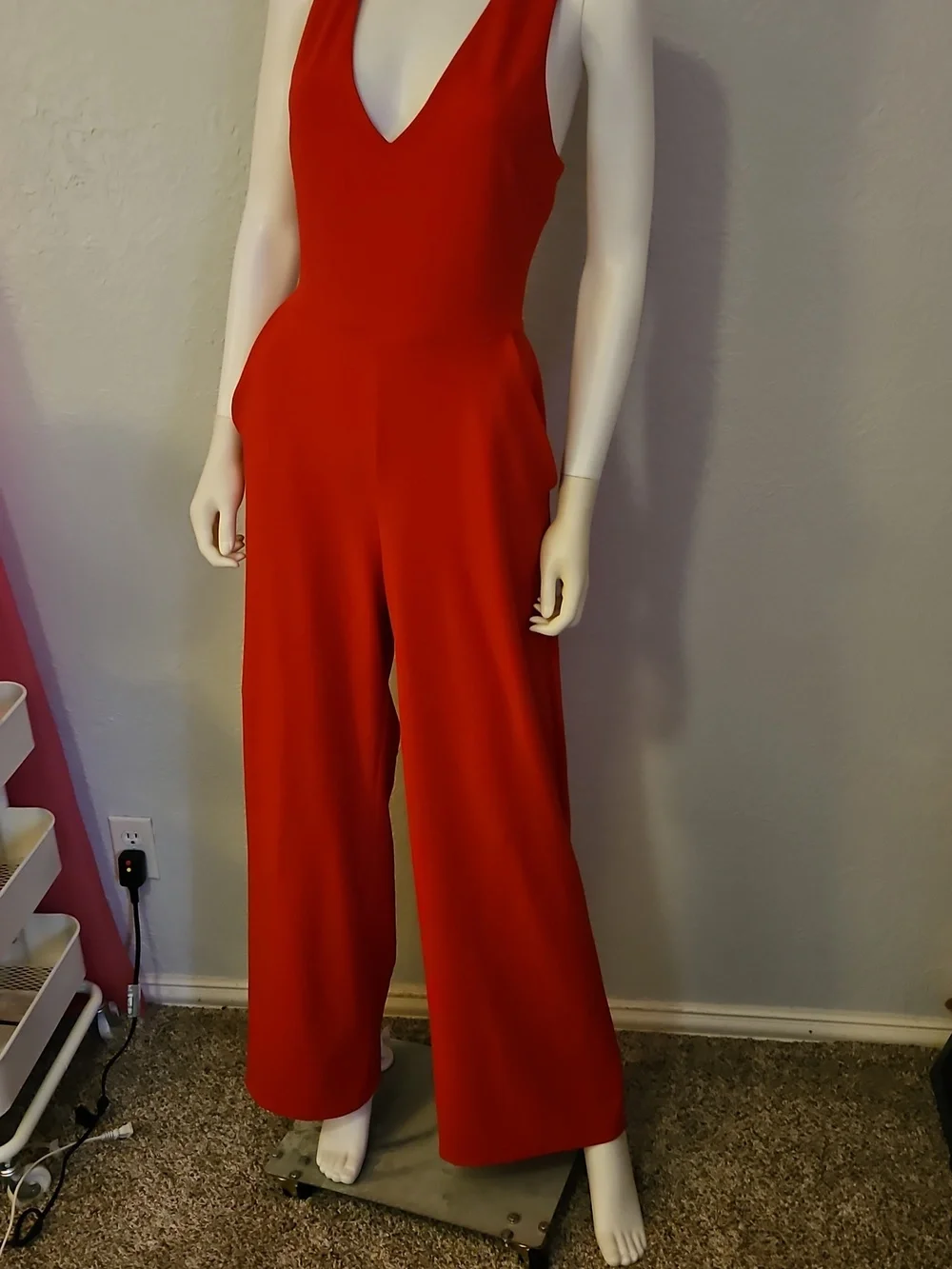 EXPRESS Red Open Crisscross Back Wide Leg Plunging Neckline Jumpsuit - Picture 3 of 9